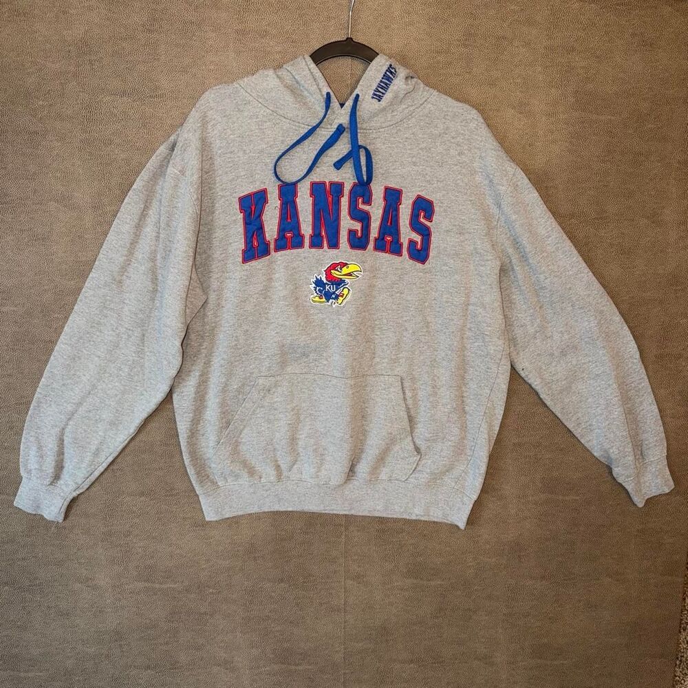 Kansas Jayhawks Gray Sweatshirt with blue lined hoodie
